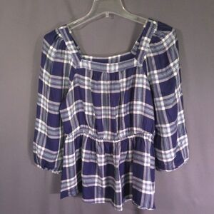 NWT Lane‎ Bryant Blouse Illusion Collection Square Neck Plaid Size 12 Milkmaid